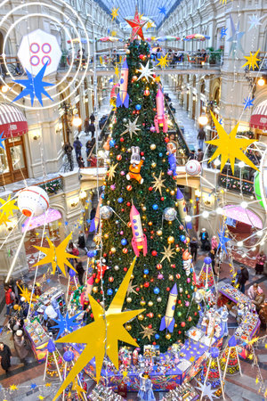 MOSCOW, RUSSIA - December 04 2019: Christmas decorations  in GUM - shopping mall in the center of...