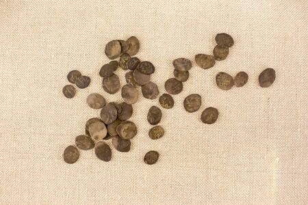 Russia, Moscow, 12.12.2017: The Moscow Archeology Museum. Archaeological finds from excavations in Moscow. Old coins.のeditorial素材