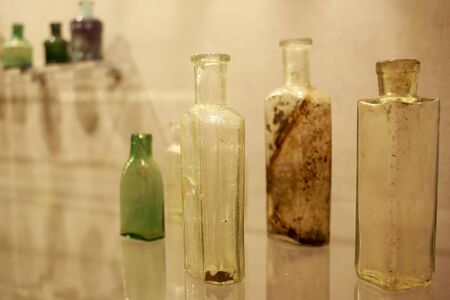 Russia, Moscow, 12.12.2017: The Moscow Archeology Museum. Archaeological finds, exhibits of the museum. Ancient glass vesselsのeditorial素材