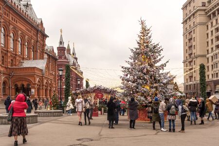 Russia, Moscow, December13  2019:   Moscow decorated for New Year and Christmas holidays. decorations on the streets of Moscow. Revolution square.のeditorial素材