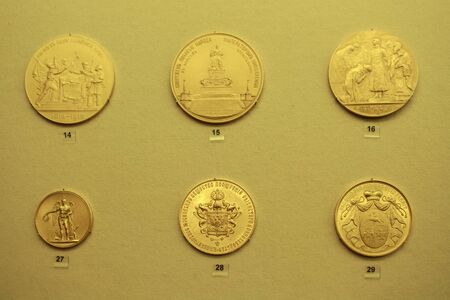 MOSCOW; RUSSIA - DECEMBER 13; 2017: The State Historical Museum The largest museum of national history of the Russia; is located on Red Square. Old Russian coinsのeditorial素材