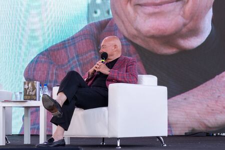 Moscow, Russia, 05 June 2019: Book Fair on the Red Square in Moscow. Free entrance public event. Vladimir Pozner, Russian, and American journalist, television host, and radio host.のeditorial素材