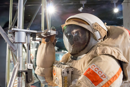 Russia, Moscow, 30.11.2017: Space museum exposition. Astronaut in the spacesuit - museum exhibit
