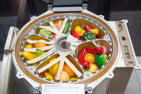 Russia, Moscow, 30.11.2017:  Museum of Cosmonautics:  Space museum exposition.  Container with food...