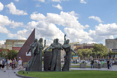 Russia, Moscow, August 16, 2016:  Muzeon City Park, Sculptural composition of the entrance to the...