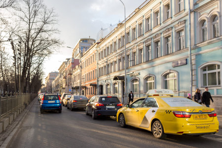 Moscow, Russia-March 28, 2021: Petrovsky Boulevard and traffic jamのeditorial素材
