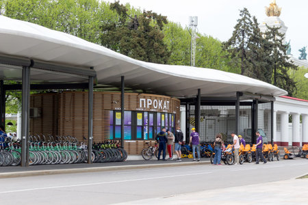 Moscow, Russia - May 13, 2021: Alternative vehicle rental station: bicycles, scooters, velomobiles in the VDNH parkのeditorial素材