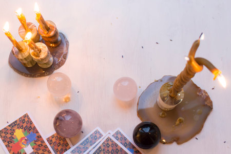 Russia, Moscow, June 11, 2021. Tarot cards on a wooden table. Magical rituals. Illustrative editorial.のeditorial素材