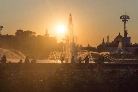Russia, Moscow, July.20 2020: Fountain "Friendship of Peoples" at the VDNKh Park. Sunset, evening of a summer day.のeditorial素材