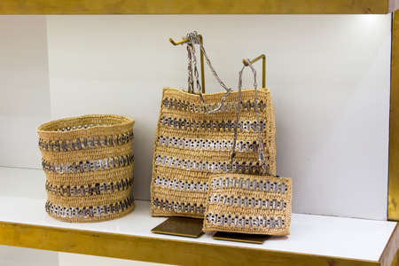 Moscow, Russia - September 11, 2021: Sale of clothing in the Mall. Showcase with sets of bagsのeditorial素材