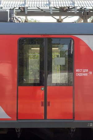 Russia, Moscow, July, 13, 2021: Closed train doors. Moscow center ring (MCC), A passenger transport...
