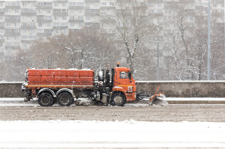 Russia, Moscow, 07.12.2021: Snow cleaning with special equipment after a heavy snowfall.