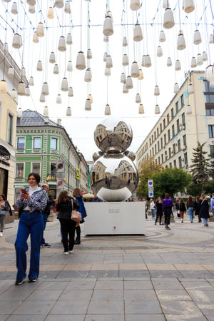 Moscow, Russia, Stoleshnikov lane. People walk along a pedestrian street.のeditorial素材