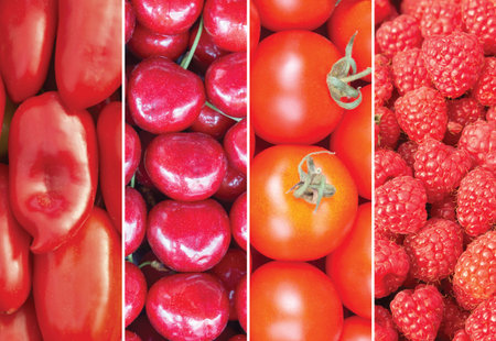 Collage of red vegetables raw food
