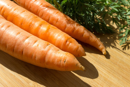 Raw carrots and green carrot leaves on a wooden table, close-up.