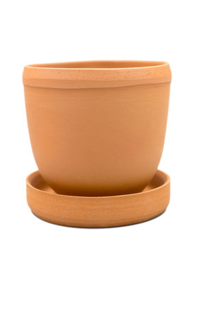 Empty clay flower pot and stand isolated on white backgroundの写真素材