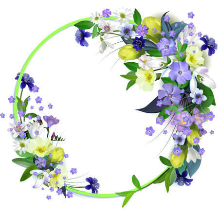 spring primroses card with space for text in a round frame. spring background flowersのイラスト素材
