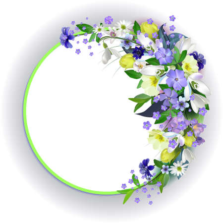 spring primroses card with space for text in a round frame. spring background flowers.Vectorのイラスト素材