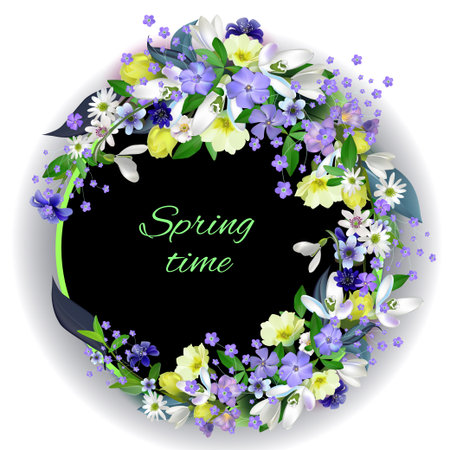 spring primroses card with space for text in a round frame. spring background flowers.Vectorのイラスト素材