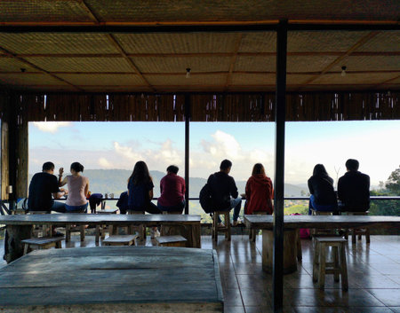 Lovers in the restaurant in the natural atmosphere.