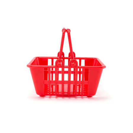 Red plastic basket isolated on a white background.の写真素材