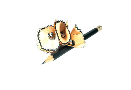 sharpened pencil shavings on white backgroundの写真素材