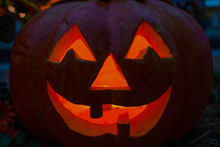 Halloween pumpkin head jack lantern with scary evil faces spooky holiday