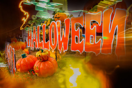 Halloween pumpkin head jack lantern with scary evil faces spooky holidayの写真素材