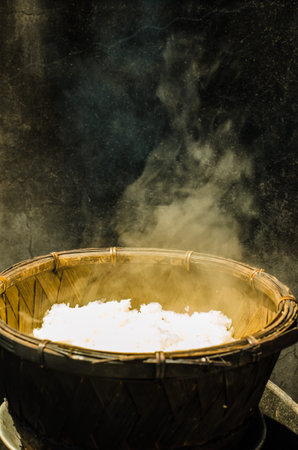 Process steamed glutinous rice in camping.の写真素材