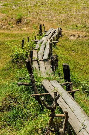 Wood bridge in the field Thailandの写真素材