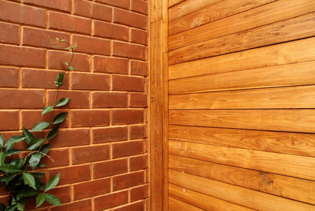 Wood panel background and Red brick wall