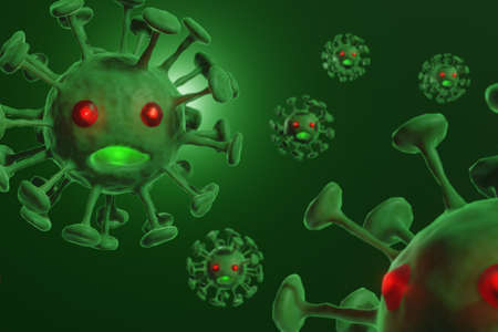 Group of the coronavirus or COVID-19 cell under the microscope. Pandemic medical health risk concept with green disease cell. 3d illustration.の写真素材