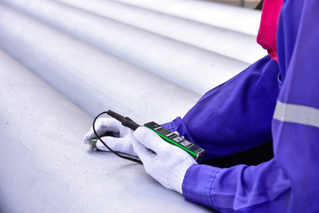 Inspector measuring thickness the pipe with UTM (Ultrasonic thickness measurement).  Selective focus...