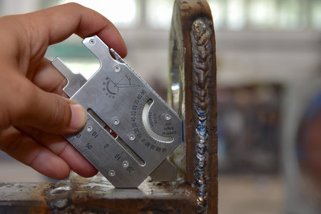 Technician's hand catch the Welding gauge to measuring the dimension of the welding.の写真素材