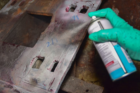 Penetrant Test , worker apply developer to the welding of structure for finding the defect.