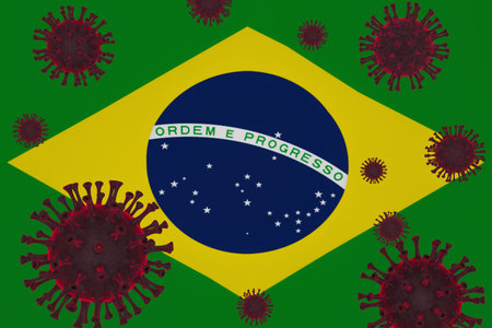 3D rendering illustration. Flag of Brazil and Coronavirus or COVID-19 cell. Pandemic medical health...