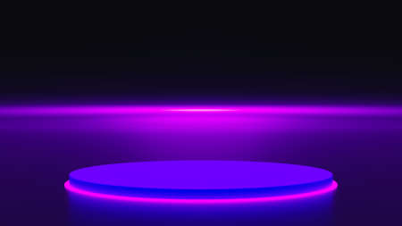 3d illustration. Blue podium minimal and dark wall scene. Advertising display space for placing products.の写真素材