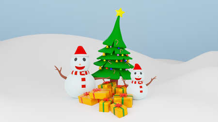 3D illustration rendering. The two snow man, Luxury gift boxes and beautiful Christmas tree isolate on white scene. Christmas background with snowman and gift boxes. Sweet snow man wearing scarf red.