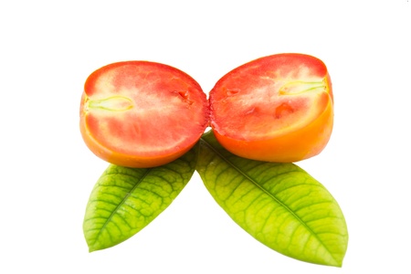 fresh tomato on leaf decorateの写真素材