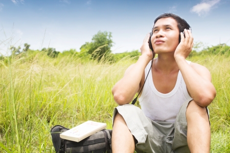 Man Listening To Music Series,Enjoy The Nature Soundの写真素材