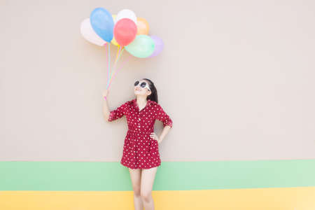 Girl With Colorful Balloons Series,For Lifestyle ,Celebrate,Fashion Vintage Concept の写真素材
