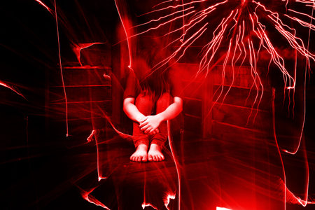 Fear or Stressed Woman Sitting in Dark Room Surround With Spirit,Ghost in Haunted House