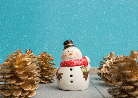 Christmas ornament with Snowman and pine cone in snowの写真素材