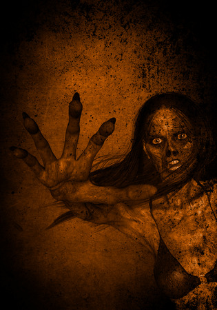 3d illustration of scary ghost woman in the darkの写真素材