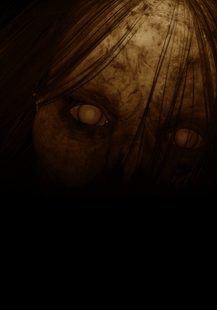 3d illustration close up face of scary woman creature in the darkの写真素材