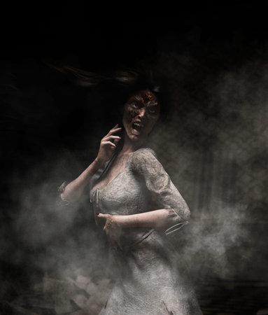 3d illustration of ghost woman in haunted house