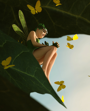 3d rendering of a happy fairy sitting on a big green leaf and surrounded by flock butterfliesの写真素材