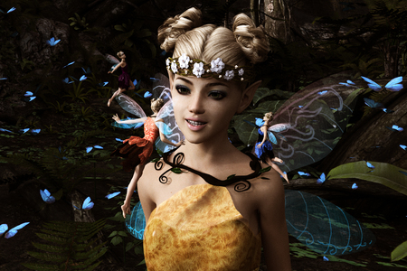 3d rendering of a fairies flying in magical forestの写真素材