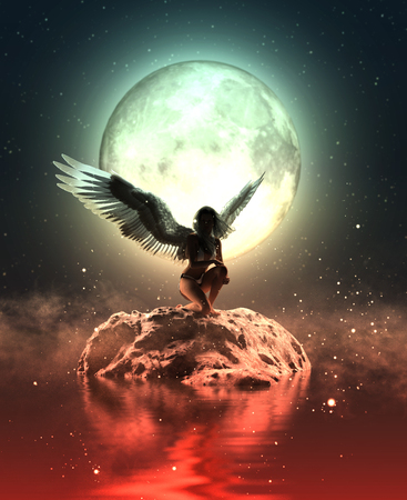 3d illustration of an Angel in heaven land,Mixed media for book illustration or book coverの写真素材