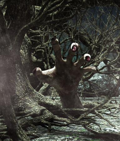 Hand of monster rising from the ground in haunted forest,3d illustration for book illustration or book coverの写真素材